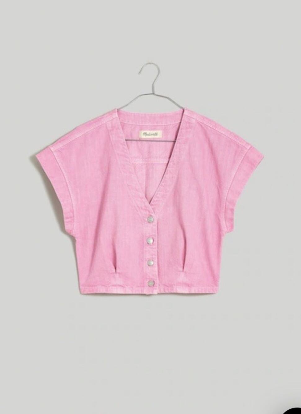 Madewell Denim Cap-Sleeve Crop Top sz 12 NWT Pink Garment Dyed Buttons Large